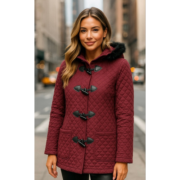 Christopher & Banks Quilted Peacoat Maroon Toggle Button Hooded Jacket L Classic - Picture 1 of 12
